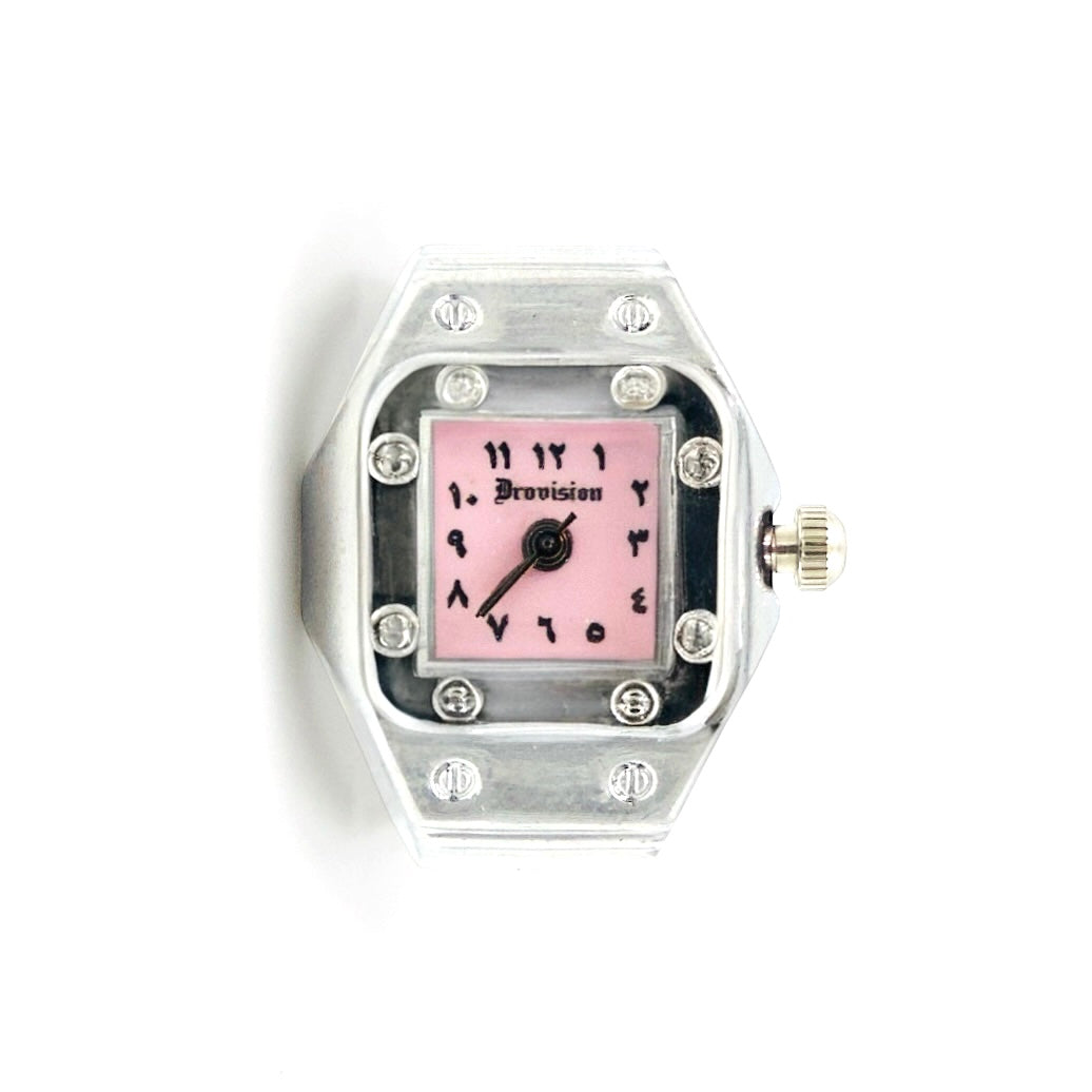 SILVER/PINK SQUARE WATCH RING