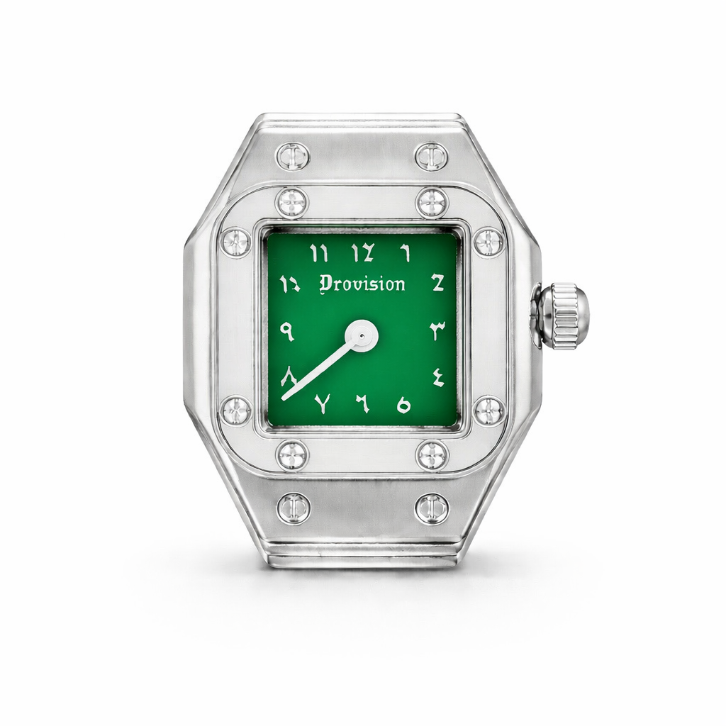 SILVER/GREEN SQUARE WATCH RING