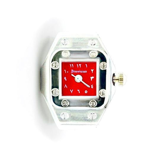 SILVER/RED SQUARE WATCH RING