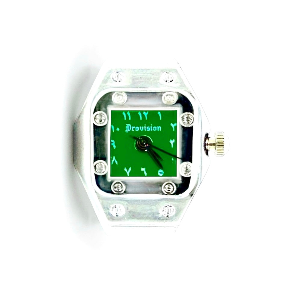 SILVER/GREEN SQUARE WATCH RING