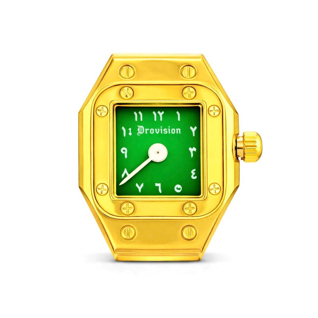 GOLD/GREEN SQUARE WATCH RING