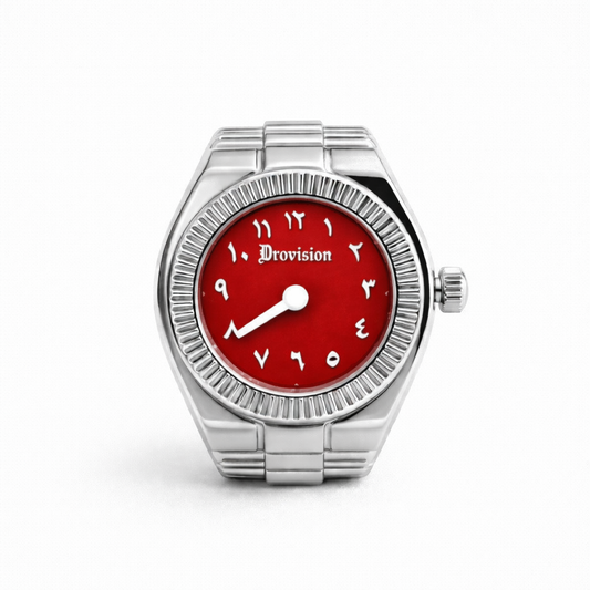 SILVER/RED ROUND WATCH RING