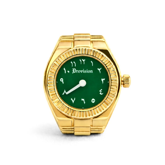 GOLD/GREEN ROUND WATCH RING