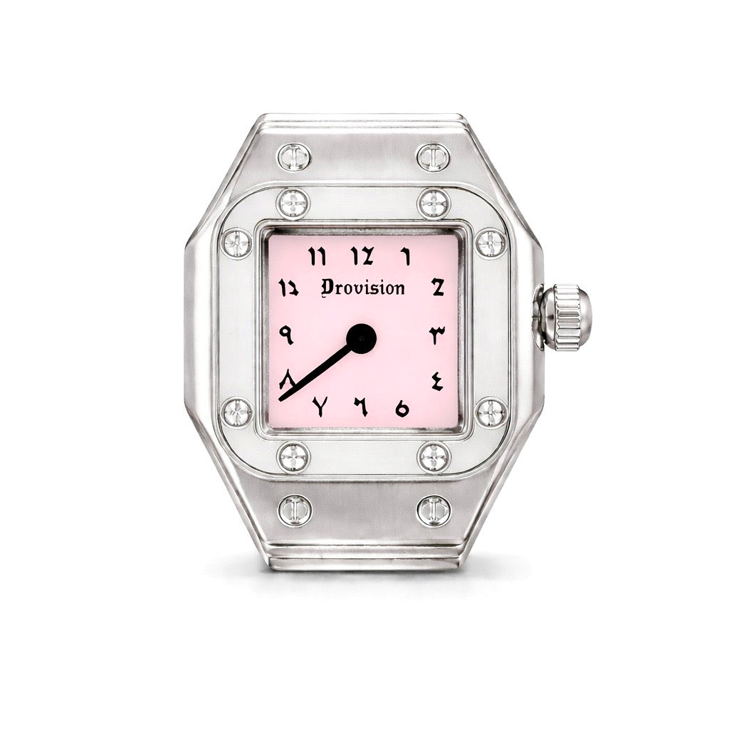 SILVER/PINK SQUARE WATCH RING