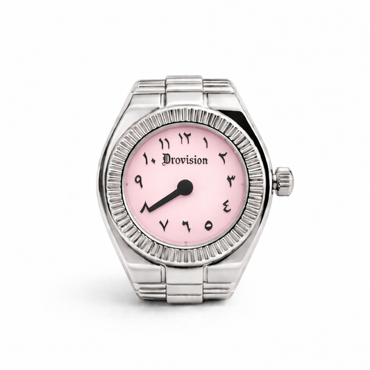 SILVER/PINK ROUND WATCH RING