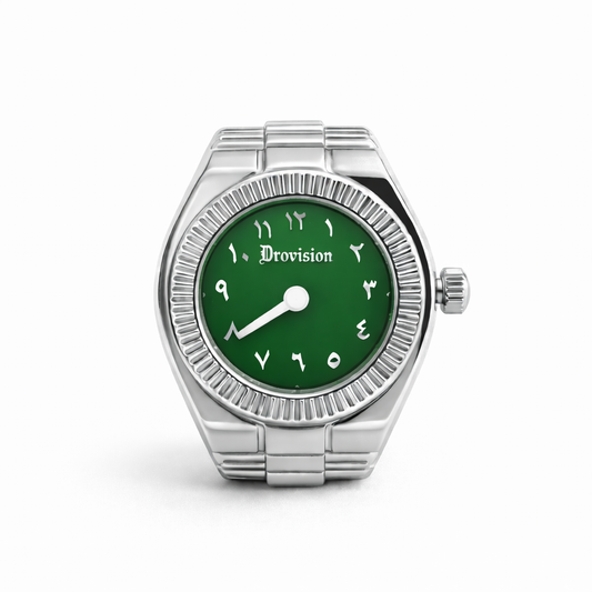 SILVER/GREEN ROUND WATCH RING
