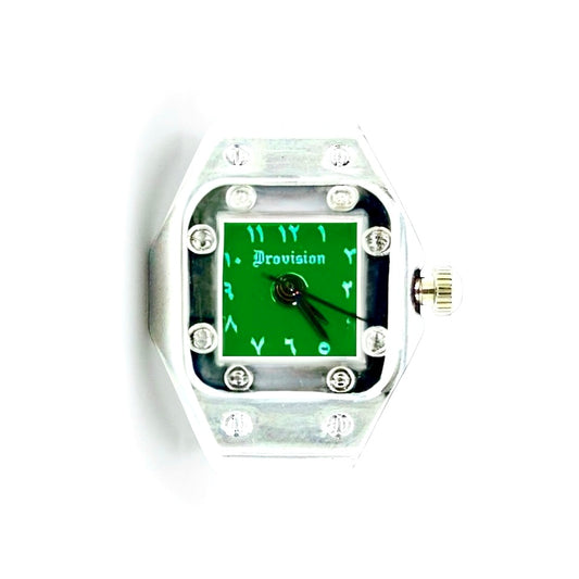 SILVER/GREEN SQUARE WATCH RING