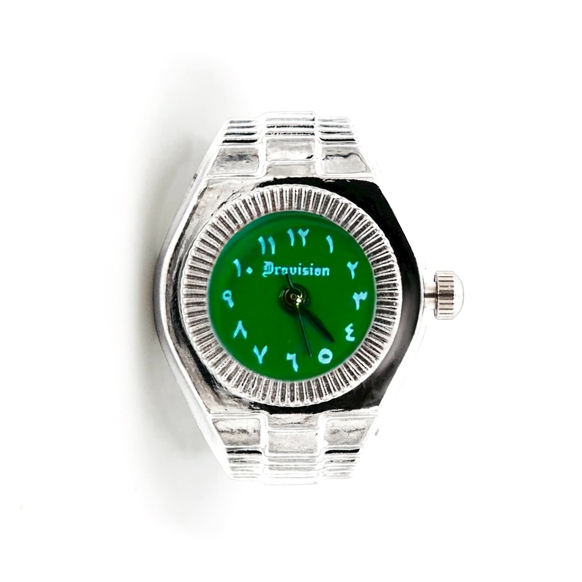 SILVER/GREEN ROUND WATCH RING